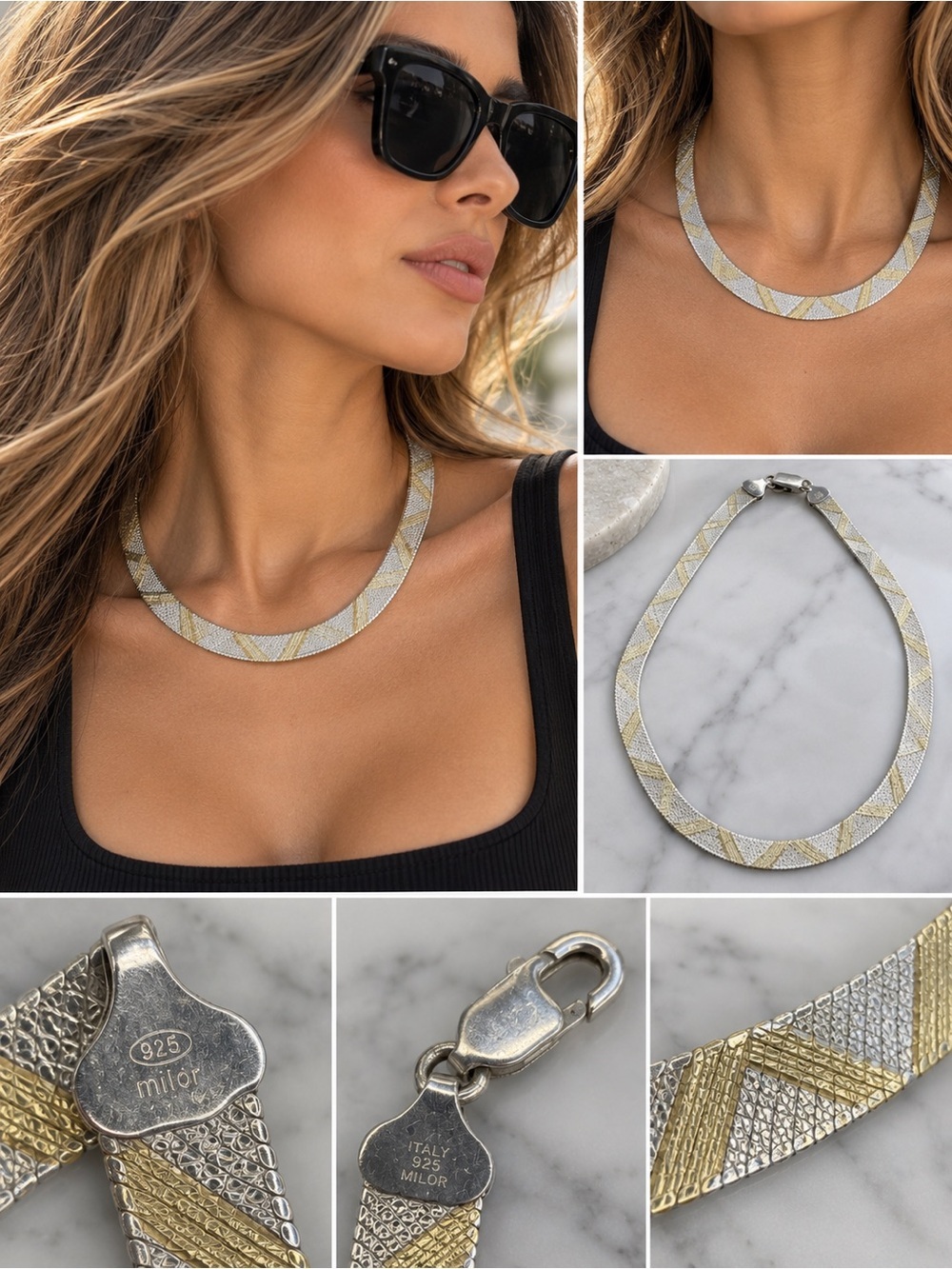 Milor Italy 925 Sterling Silver Two Tone Gold Vermeil Mesh Collar Necklace